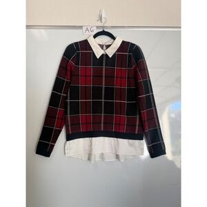 Tahari Red Black Plaid Layered Look Collared Sweater Small Preppy Keyhole Back